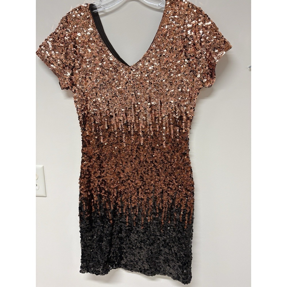 Ombre Sequin Bodycon Dress V-Neck Cap Sleeve Copper Bronze Black Cocktail Midi - Picture 3 of 10